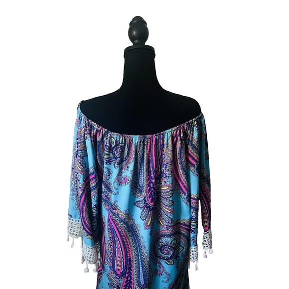 Lady's World Multi color OFF SHOULDER Boho Gypsy  3/4 Sleeve fringe trim fairy L - Picture 5 of 7